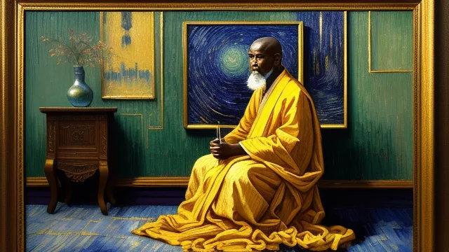 An old mummy monk with a very long yellow dress sitting in his royal throne in neo impressionism style