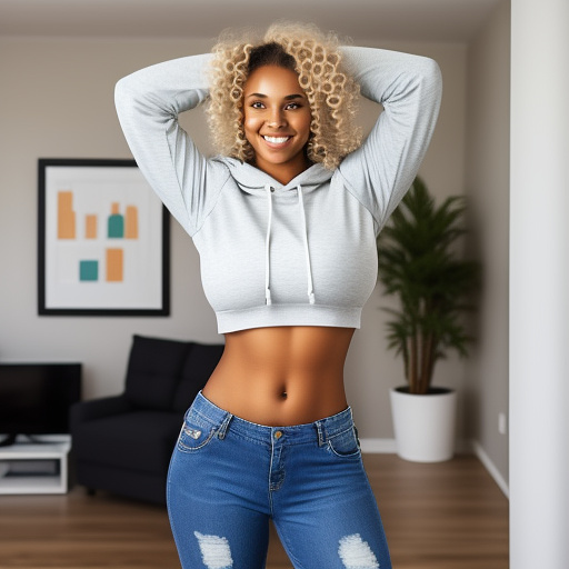 Sexy blonde college student with large boobs and her arms up and curly hair and in a long sleeve cropped hoodie and jeans pants and showing her whole belly and her legs and standing in the living room and full body picture in custom style