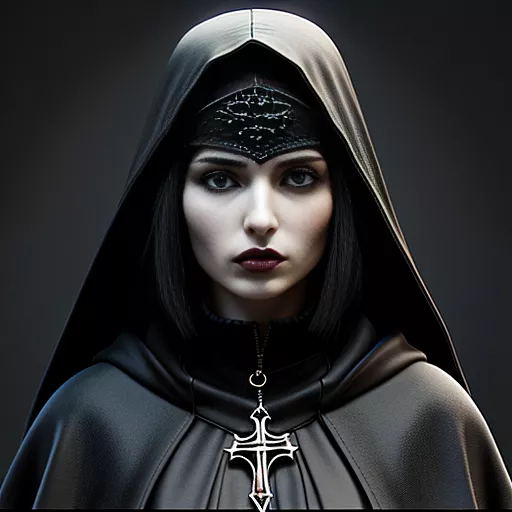Spanish woman in hood with black hair and brown eyes. medieval. arrogant. 40 years old. wears a cape.  in gothic style