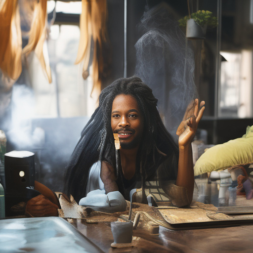 A black rastafarian is sitting on a worktable, smiling happily and smoking. the room is smoky. in custom style