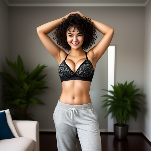 Sexy asian college student with large boobs and short curly hair and her arms up and in a lace bra and sweatpants pants and showing her belly and standing in the living room and full body picture in custom style