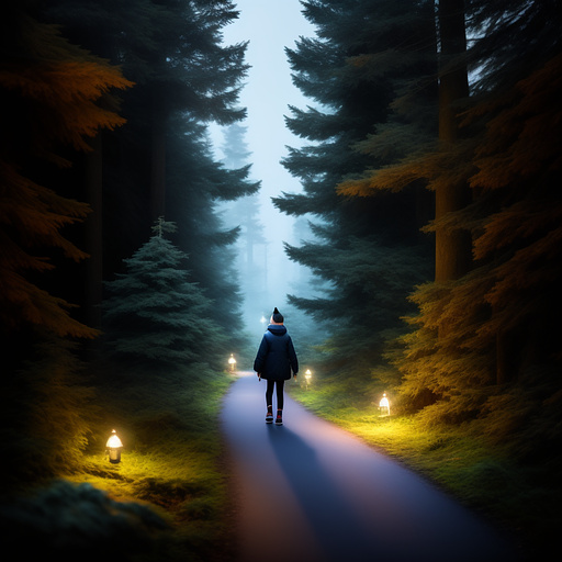 A girl walking in the dark forest night with a wolf in anime style
