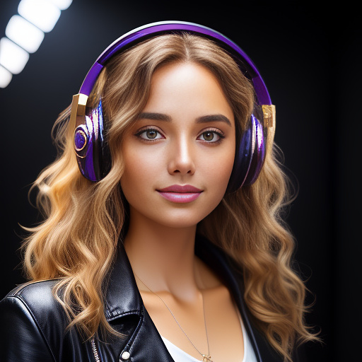 Ultra-realistic close-up portrait of a young female music artist, golden wavy hair in motion, bright energetic smile, wearing black stage headphones and a black leather jacket. warm rim light highlighting golden hair, soft key light on the face, vibrant purple-blue gradient background with subtle neon pink and teal accents, sharp focus on eyes, shallow depth of field, natural but polished makeup, high detail skin texture, cinematic color grading, flawless composition for instagram profile, 1:1 aspect ratio. in anime style