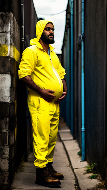 Pregnant male, pedophile, yellow jumpsuit, alleyway,  in custom style
