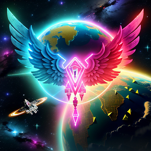 A cheerful transformer flies through space against the backdrop of planets. in angelcore style