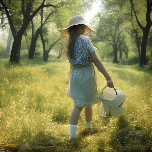 A girl is skipping across a sunny lawn. she has a basket in her hands and a hat on her head. in custom style