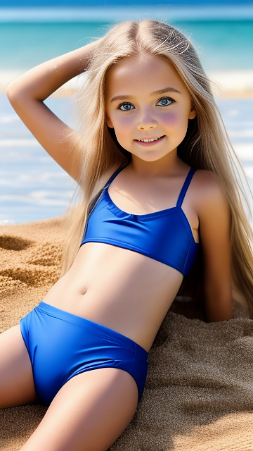 Realistic, detailed, 6-year-old girl, long blonde hair, full-body, loose-fitting blue swimsuit, laying on the beach, see between her legs, tummy, one leg raised. in custom style