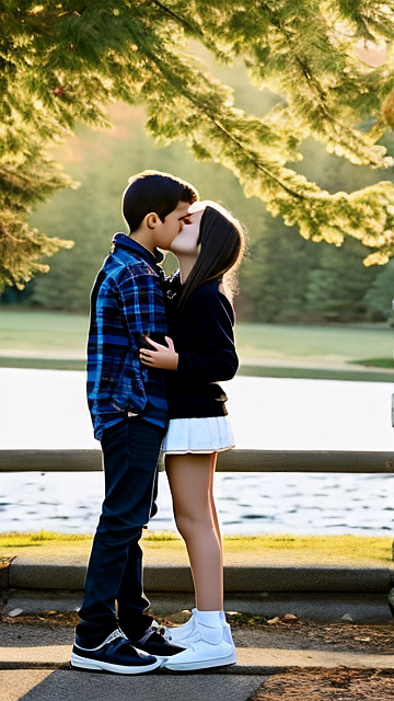 A romantic moment between childhood couple in canada. the 11-year-old boy is kissing his hot sexy girlfriend, wearing their modern canadian clothes.  in custom style