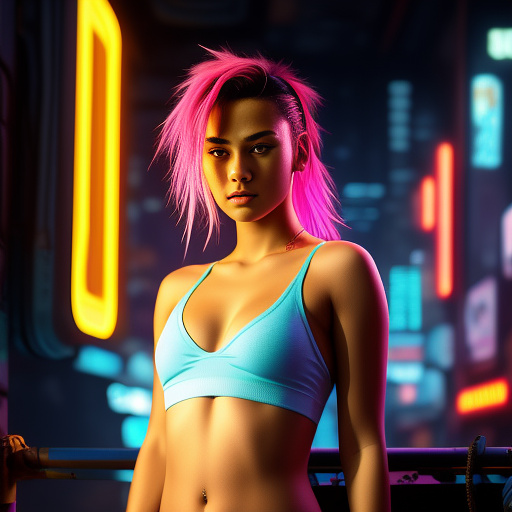 A girl not wearing a bra and shirt  in cyberpunk style