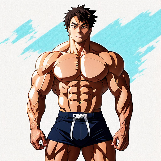 A muscled man is showing his entire body, looking athletic and masculine in anime style