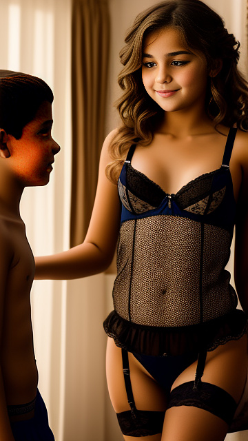 A romantic moment between a childhood couple. the grade-5 sexy hot girl, wearing her french lingerie, does perreo dance with the grade-5 boy. in custom style