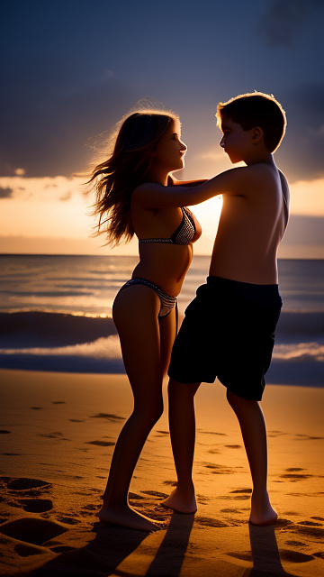 A romantic moment between a childhood couple. the grade-6 sexy hot american girl, wearing her bikini, does sandungueo dance with the grade-6 american boy. in custom style