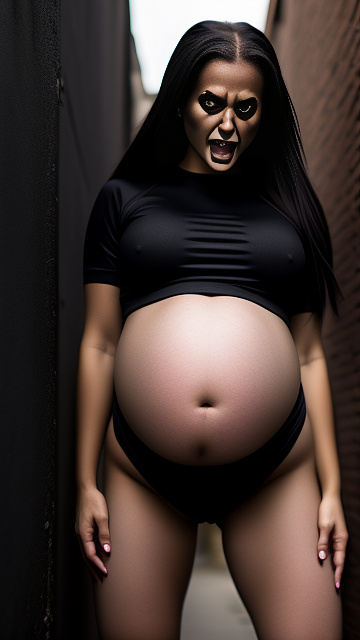 Pregnant, pedophile, alleyway, full body, black spandex, close up, scary face  in custom style