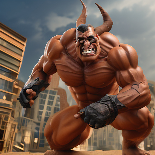 Muscular evil villain flexing over a defeated hero in disney 3d style