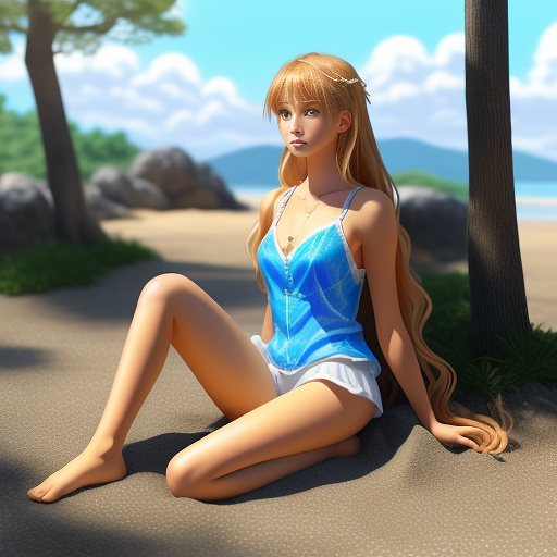 Acceptable female painting realistic, high detail, photo, soft lighting. standing on a beach. 20 year old girl. you can see her feet. shaved. legs spread apart. blond. blue eyes facing the camera. full body  make her petite. make her look younger but not too young. extremely realistic and young beautiful. pay attention to detail. allow skin. you can see her. she’s wearing transparent. in anime style