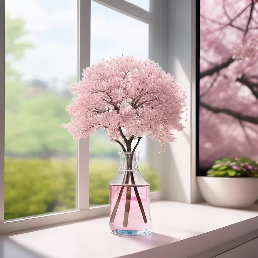 Sakura cherry blossom in a vase of water on windowsill in anime style