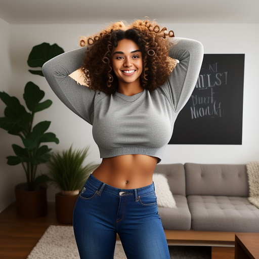 Sexy brunette college student with large boobs and her arms up and curly hair and in a long sleeve cropped sweater and jeans pants and showing her belly and her legs and standing in the living room and full body picture in custom style