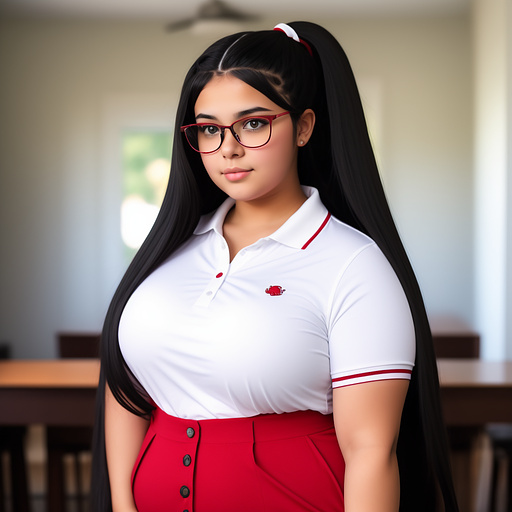18 year old huge thick curvy bbw white girl black long hair behind head  and in 5 buttons tipped red polo shirt and clear glasses 
 in custom style