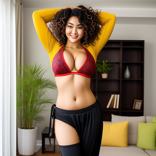 Sexy asian college student with large boobs and her arms up and short curly hair and in a loose long sleeve belly dancer costume with pants and showing her belly and cleavage and her legs and standing in the living room and full body picture in custom style