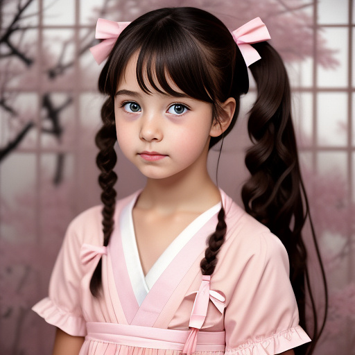 6 year old girl. she has dark brown hair that is up in high pigtails with a pink ribbon. she has pale skin and hazel eyes. she is wearing a pink dress. she has tears in her eyes, and  a bruise on her right cheek. her expression is sad, and withdrawn. realistic picture.american. no bangs
 in anime style