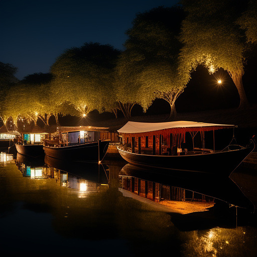 Beautiful night scene, boats in a river, mystical and beautiful, no people, renaissance painting style. portrait orientation. night in india in custom style