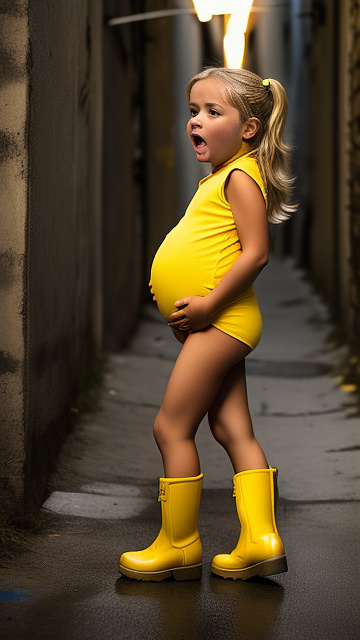 Pregnant, 7 years old, blonde girl, backalley, nude, yellow boots, front view, screaming in pain  in custom style