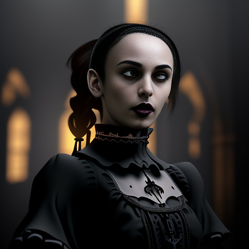 A beautiful young 16 year old girl with brown eyes and light brown hair tied into a thick ponytail. wearing a normal black shirt. 
 in gothic style