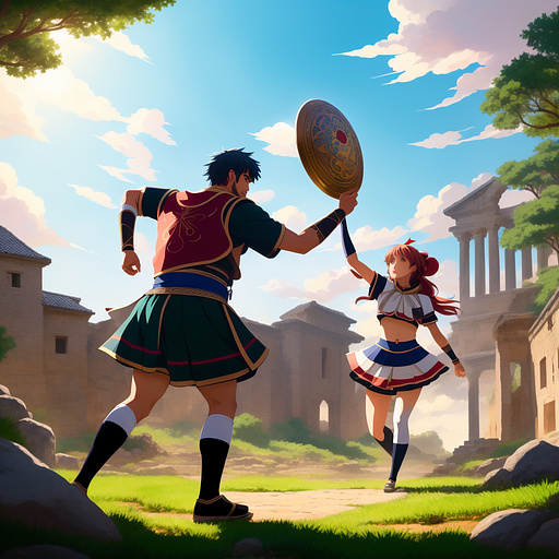 A roman throwing a rock to the forhead of another one in anime style