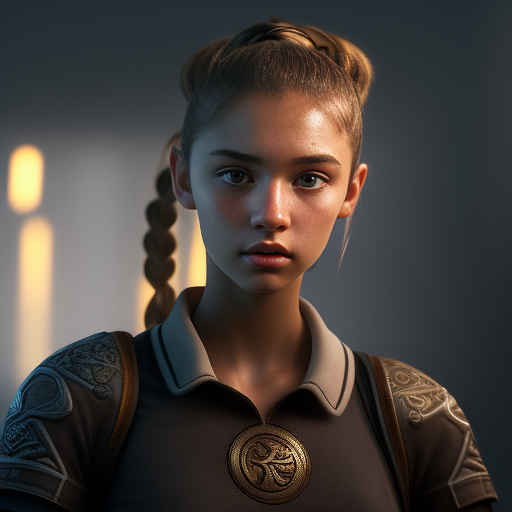 A beautiful young 16 year old girl with brown eyes, pale white skin and light brown hair tied into a thick ponytail. wearing a normal black shirt. with a scar on her right cheek.
 in angelcore style