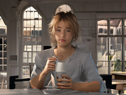 Blond teen male with light gray eyes, sitting, drinking coffee in anime style