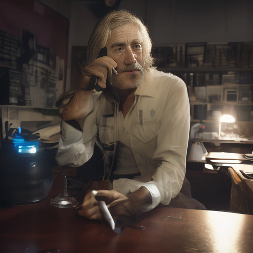 In a dark room, there is a telephone and a gun on the table. a man is sitting on a chair, and he is dead. in custom style