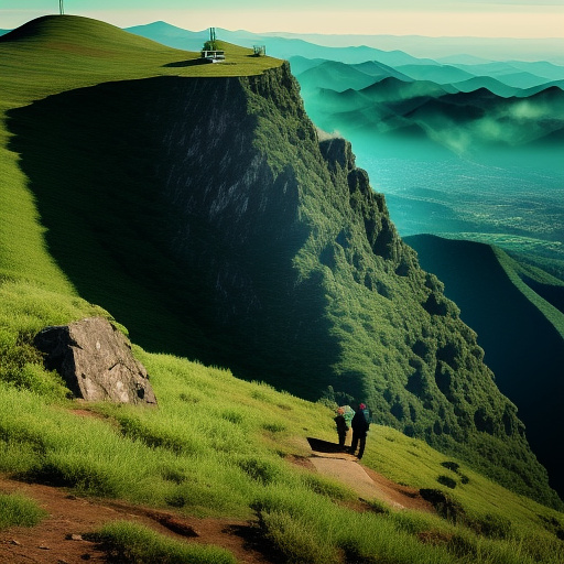 A big green mountain with a cross on top of it with a man climbing in custom style