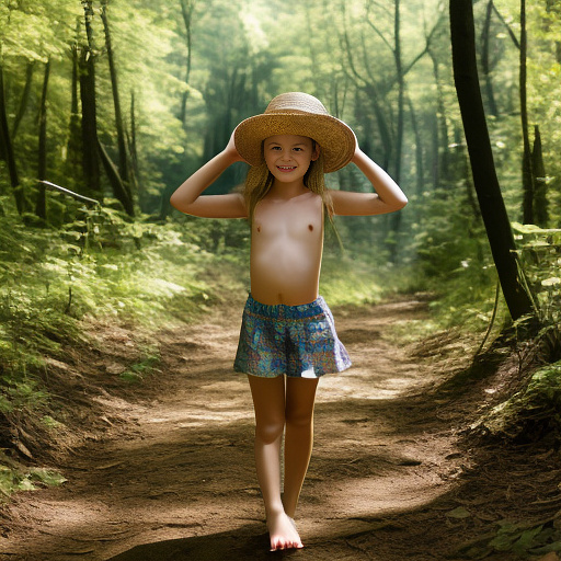 A 9-year-old girl is skipping along a forest path. she has a basket in her hands and a sun hat on her head. she's naked in custom style