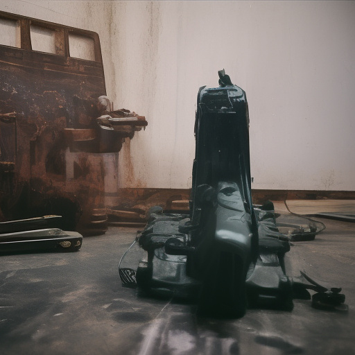 In a dark room, there is a telephone and a gun on the table. a man is sitting on a chair, and he is dead. in custom style