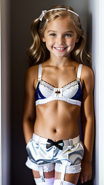 White blond 7 year old girl, shorts , 
blond, bra, garter belt, smiling
 in custom style