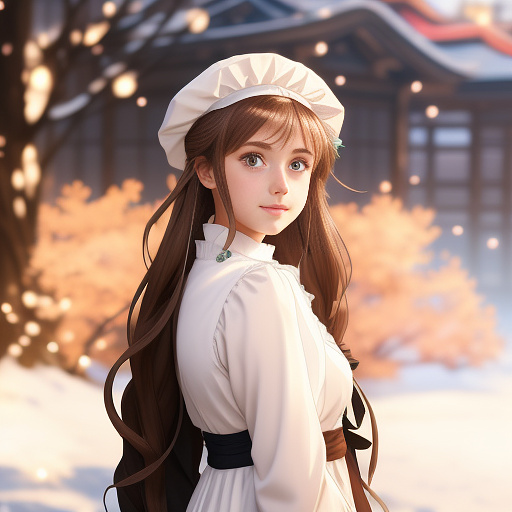 A beautiful girl in a fairly long victorian dress but without puffs. short light brown hair and blue eyes. she has a brown scarf by her side. she wears a hat with a white feather on it. in anime style