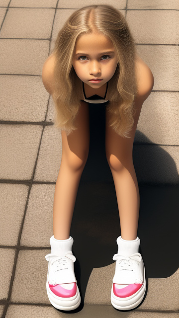 Realistic, detailed 12-year-old, blonde-haired girl, bikini, full body length, wearing her rubber shoes with socks, pale skin, front view, medium-big cleavage, sunglasses, standing, touching her knees with bare hands, front view in custom style