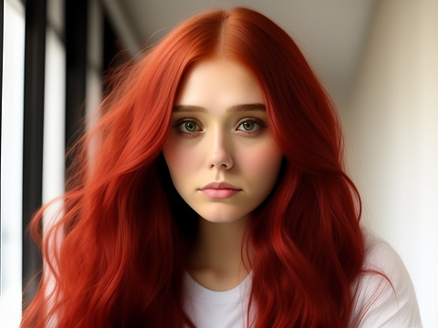 Someone who looks a lot like a mix of elizabeth olsen and saidie sink who is 19 years old with long red hair in custom style