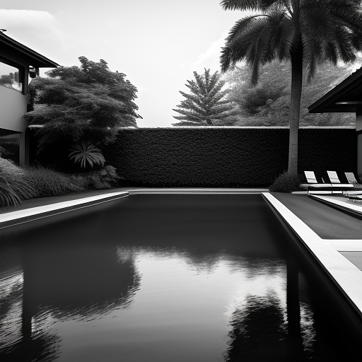 Naked natural perfect tits girl stand next to pool with her boyfriend and another people in bw photo style