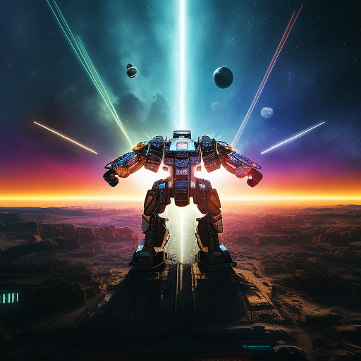 A cheerful transformer flies through space against the backdrop of planets. in sci-fi style