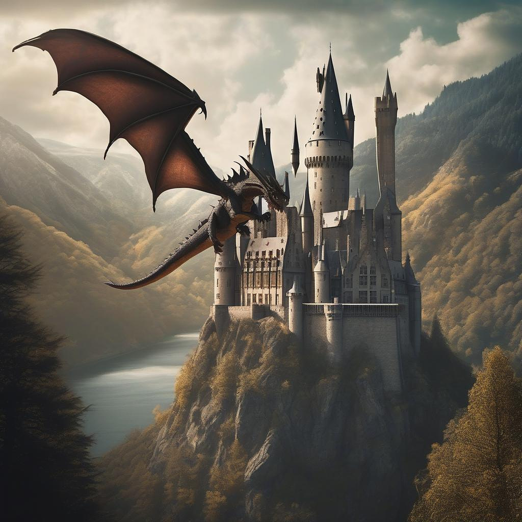A dragon flying high in the sky above a hogwarts style castle in realistic style