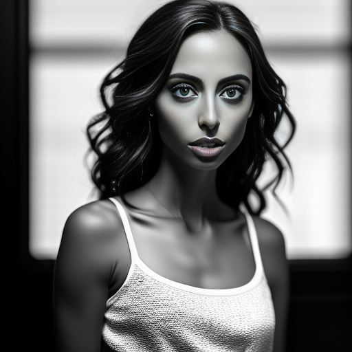 Realistic photo of a beautiful very skinny petite brunette woman, big eyes, italian, white skin, big mouth, thin face wearing a mini skirt and mini top in bw photo style