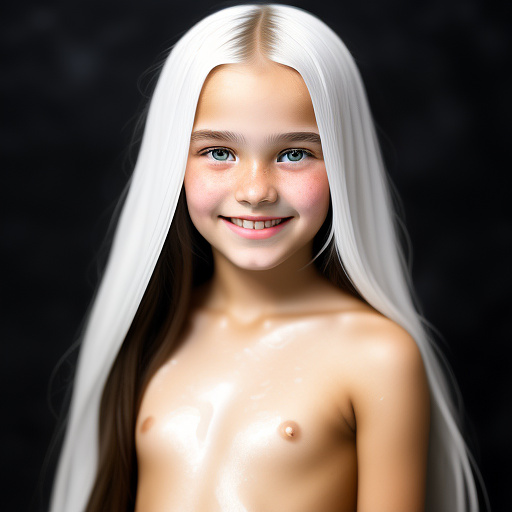 9-year-old caucasian white girl, long black hair, pretty, smiling, small breasts, drops of white liquid covering entire face in custom style