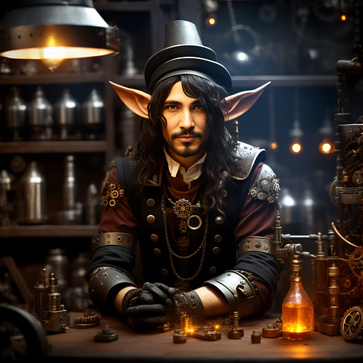 An elf wizard blacksmith with a tiny mechanical helper and a drinking problem in steampunk style