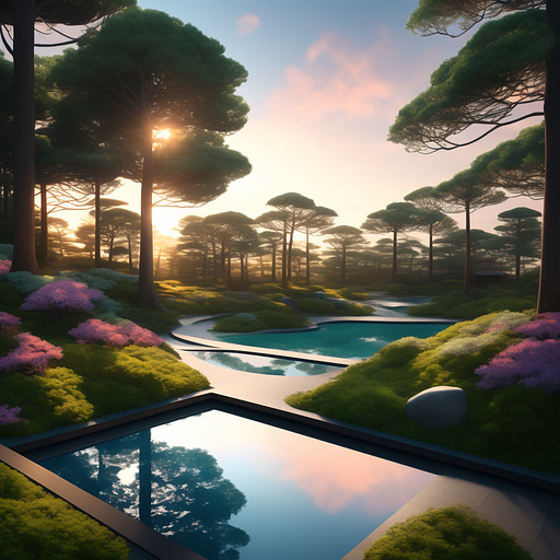 Realistic view to the ocean from 3d house wood with suround by trees at sunset, digital paint, 3d render, luminiscense in anime style