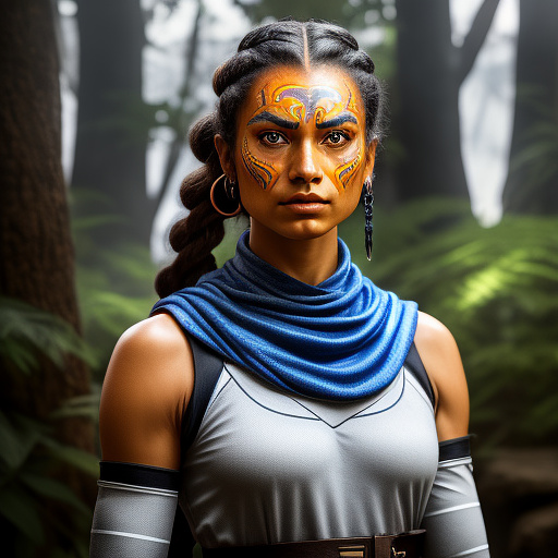 A mature ashoka tano, a togruta woman with vibrant orange skin and intricate white facial markings, her distinctive blue and white striped montrals and lekku framing her face. she wears her iconic grey and white jedi-like attire, featuring practical arm wraps and utility belts. her piercing blue eyes hold a determined gaze. she wields her two white-bladed lightsabers, one standard and one shoto, glowing brightly. highly detailed eyes, highly detailed hair, highly detailed skin texture, highly detailed face. ultrarealistic, 8k, hdr, cinematic, photorealistic, highly detailed background, highly detailed environment.  in custom style