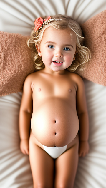 Realistic, detailed, 3-year-old blonde girl, pregnant, tan wedding outfit, showing belly, laying in bed, top down full body view, red blush, tan skin, mouth open,  in custom style