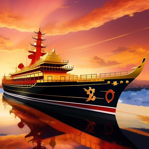 A golden ship with red flags in anime style

 in anime style