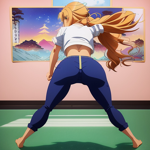 A gorgeous massive ass girl in pants and a crop top blonde and stretching  in anime style