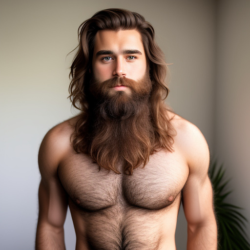 Create a realistic photo of an extremely hairy man. he has thick, dense body hair covering his chest, arms, and legs. his beard is full and untrimmed, and his hair is long and unkempt. the man should be standing in a neutral background, with his upper body exposed to clearly showcase the extent of his body hair." in custom style